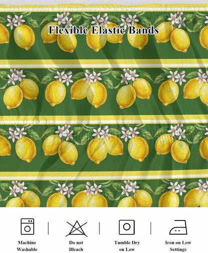 Summer Lemons Bed Skirt Queen Size 16" Drop Yellow Fruit Leaf Striped Green Background Ruffled Wrap Around Bed Skirts Adjustable Elastic Bedskirt Dust Ruffle for Queen King California King Bed