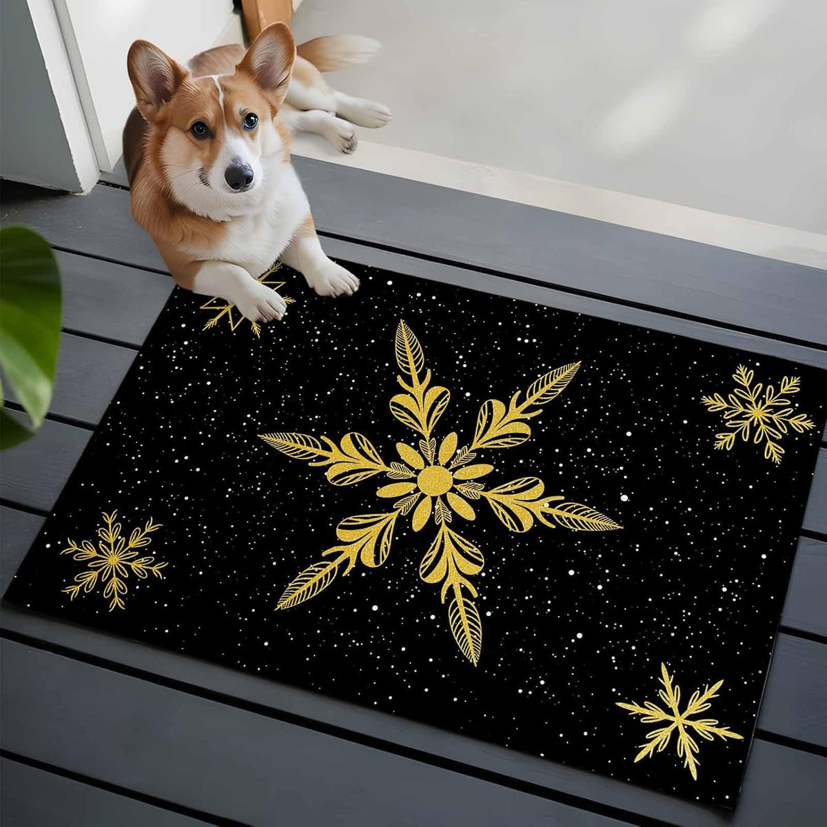 Yellow Christmas Snowflakes 2x3 Area Rugs for Living Room, Winter Snow Abstract Black Non Slip Floor Mat Washable Low-Profile Indoor Carpet for Bedroom, Dining Room, Bathroom