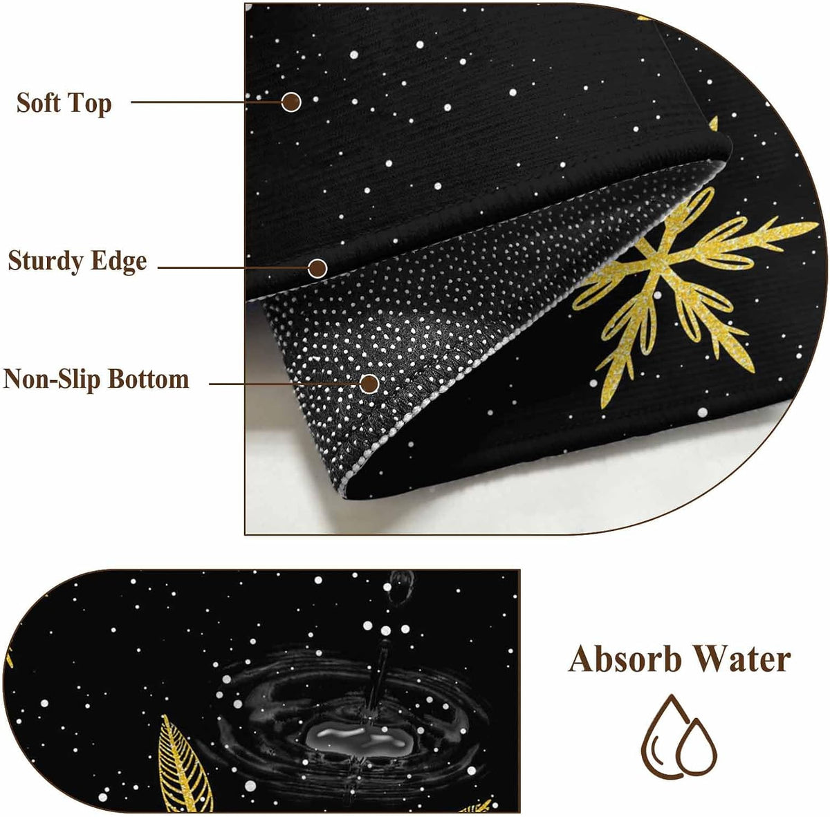 Yellow Christmas Snowflakes 2x3 Area Rugs for Living Room, Winter Snow Abstract Black Non Slip Floor Mat Washable Low-Profile Indoor Carpet for Bedroom, Dining Room, Bathroom