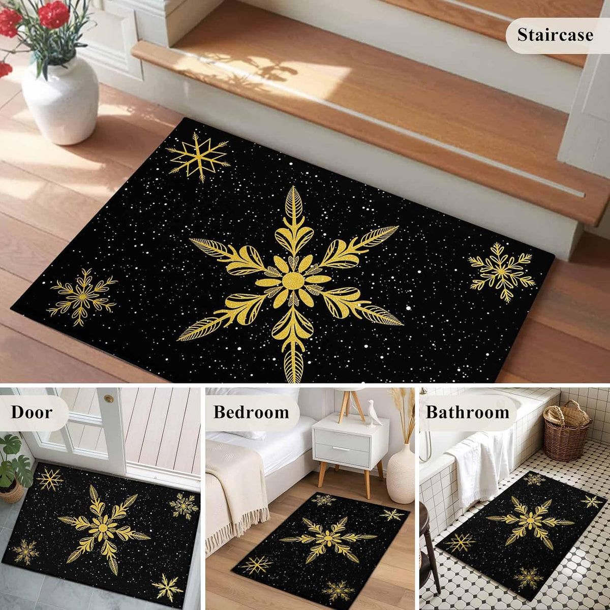 Yellow Christmas Snowflakes 2x3 Area Rugs for Living Room, Winter Snow Abstract Black Non Slip Floor Mat Washable Low-Profile Indoor Carpet for Bedroom, Dining Room, Bathroom