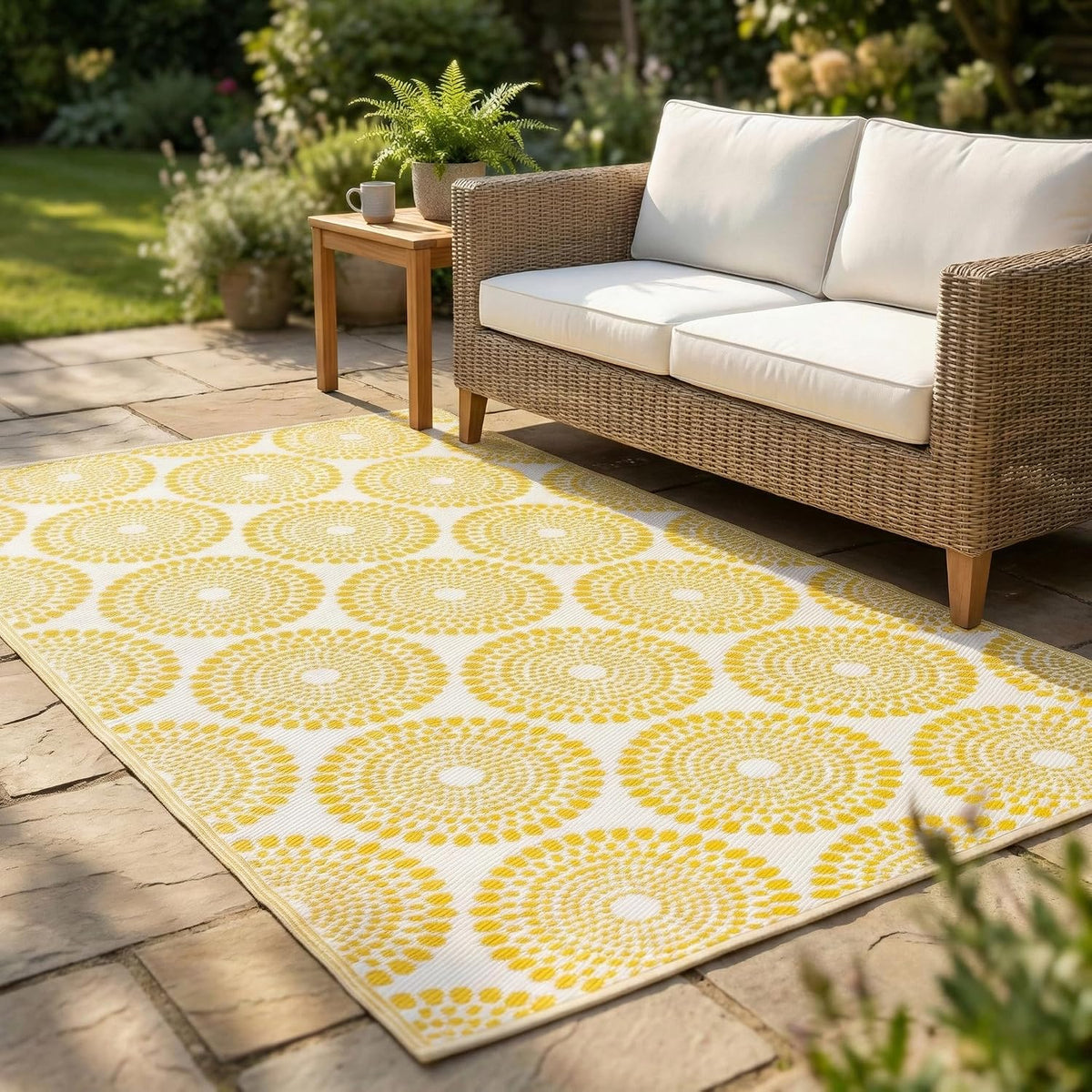 Outdoor Rug - Waterproof, Fade Resistant, Crease-Free - Premium Recycled Plastic - Floral Medallion - Porch, Deck, Balcony, Mudroom, Laundry Room, Patio - Rio - Yellow - 3 x 5 ft