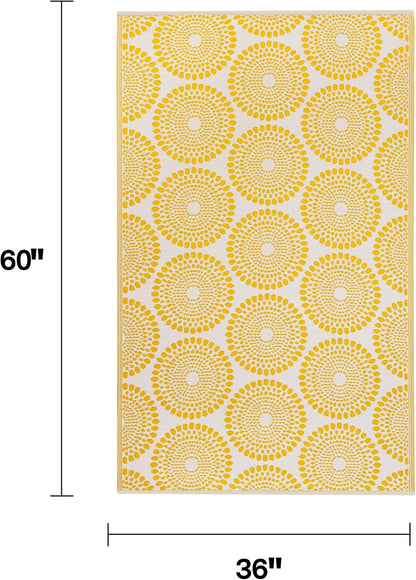 Outdoor Rug - Waterproof, Fade Resistant, Crease-Free - Premium Recycled Plastic - Floral Medallion - Porch, Deck, Balcony, Mudroom, Laundry Room, Patio - Rio - Yellow - 3 x 5 ft