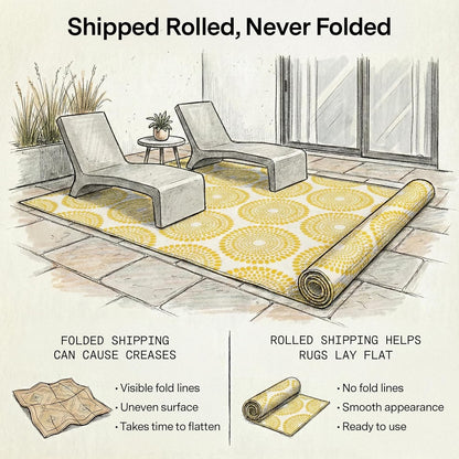 Outdoor Rug - Waterproof, Fade Resistant, Crease-Free - Premium Recycled Plastic - Floral Medallion - Porch, Deck, Balcony, Mudroom, Laundry Room, Patio - Rio - Yellow - 3 x 5 ft