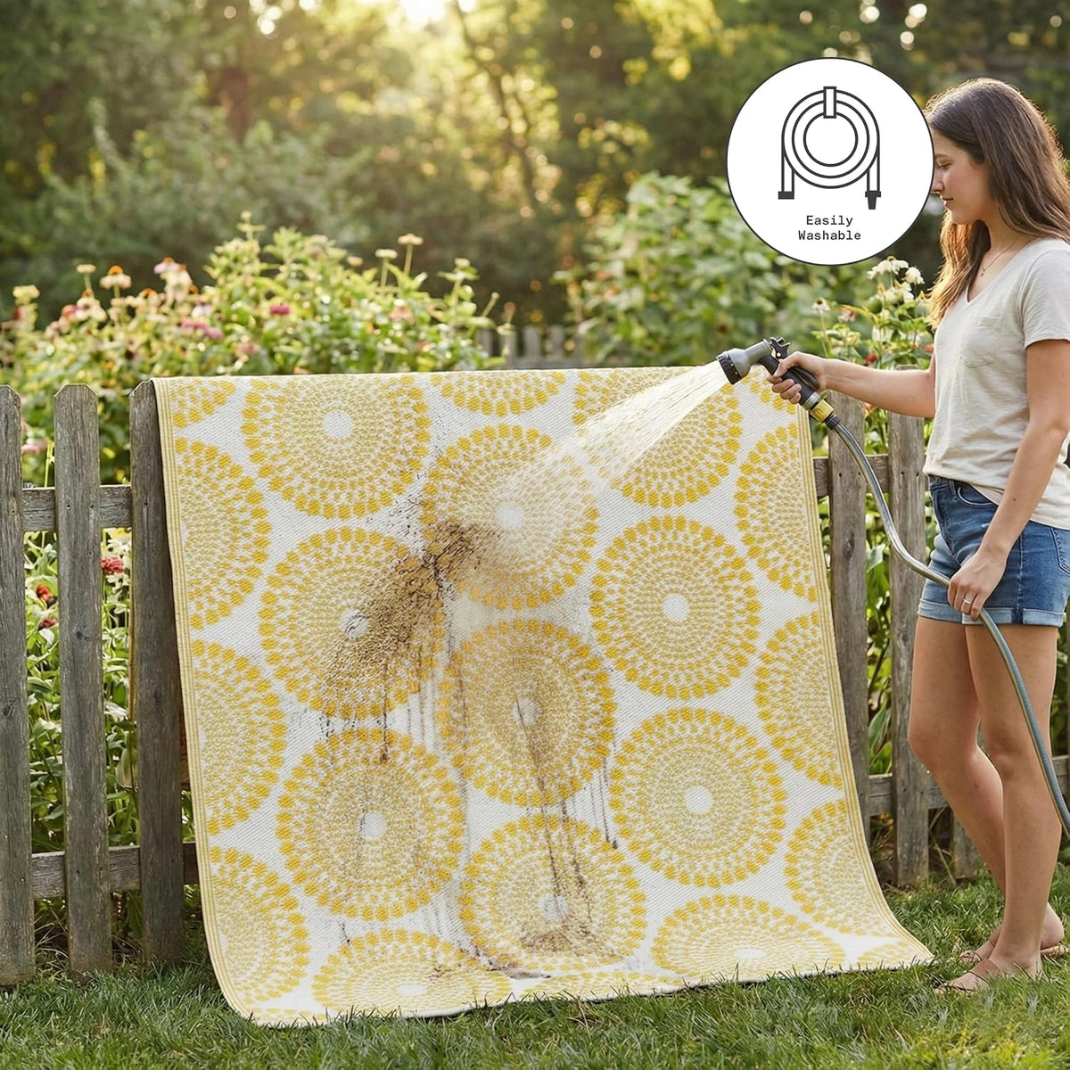 Outdoor Rug - Waterproof, Fade Resistant, Crease-Free - Premium Recycled Plastic - Floral Medallion - Porch, Deck, Balcony, Mudroom, Laundry Room, Patio - Rio - Yellow - 3 x 5 ft