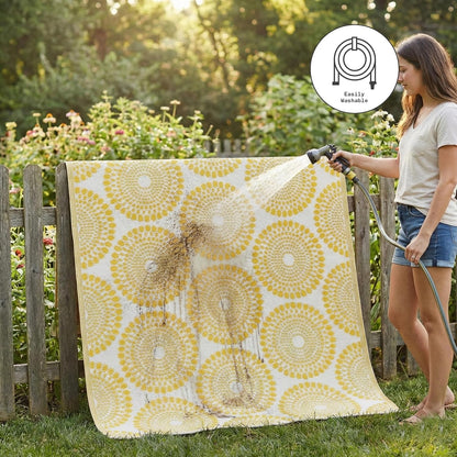 Outdoor Rug - Waterproof, Fade Resistant, Crease-Free - Premium Recycled Plastic - Floral Medallion - Porch, Deck, Balcony, Mudroom, Laundry Room, Patio - Rio - Yellow - 3 x 5 ft