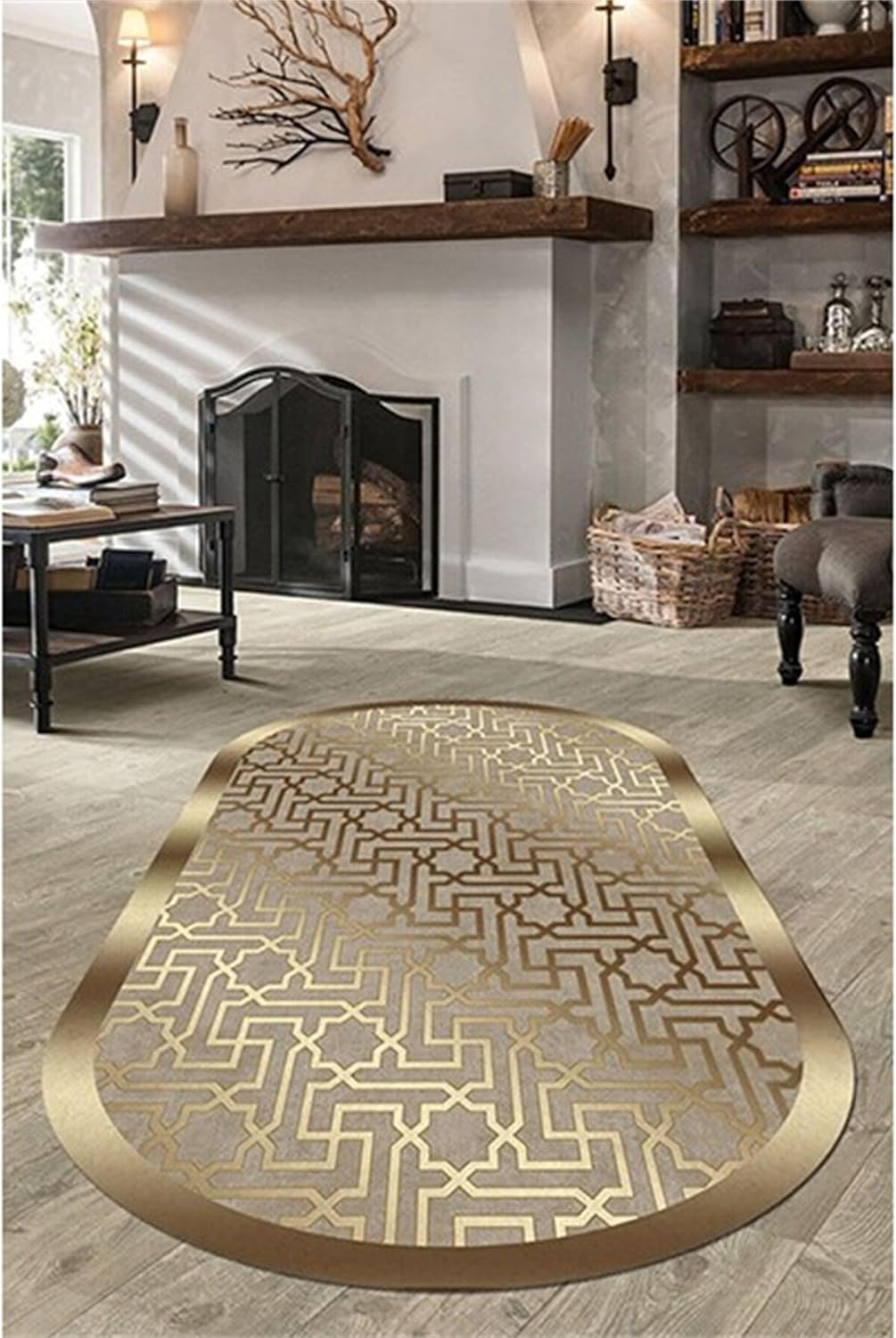 Gold Lines Area Rug, 2x3ft, Modern Golden Geometric Print Indoor Flat Woven Oval Rug, Abstract Yellow Marble Anti-Slip Carpet for Office Kitchen Bedroom Entrance Children Room Baby Crawling Mat