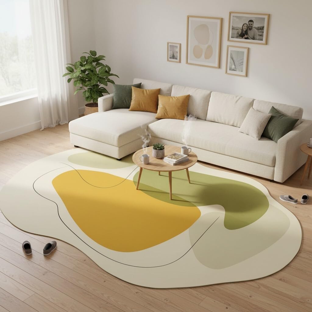 Modern Abstract Boho Minimalist Irregular Shaped Rug 5x7 Yellow Beige Green Rugs for Living Room Bedroom Playroom Guestroom Classroom Rug Classic Art Design Skin Friendly Washable Area Rugs