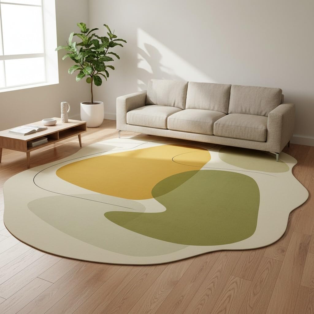 Modern Abstract Boho Minimalist Irregular Shaped Rug 5x7 Yellow Beige Green Rugs for Living Room Bedroom Playroom Guestroom Classroom Rug Classic Art Design Skin Friendly Washable Area Rugs