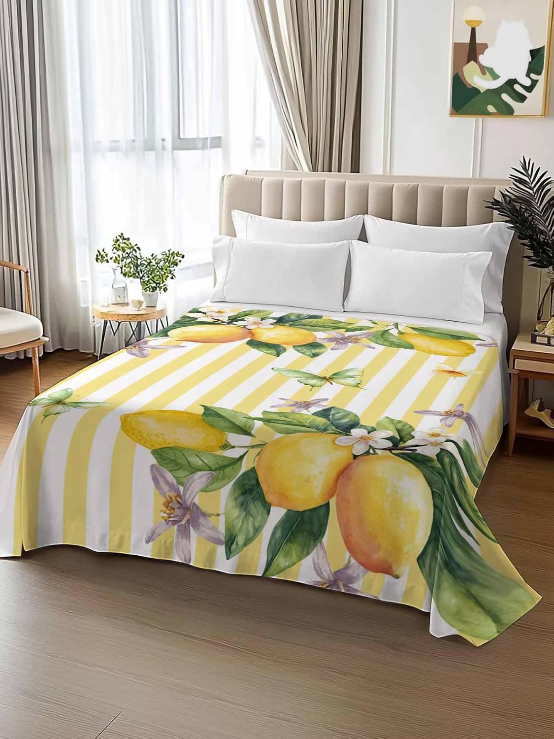 Twin Flat Sheet Only Bed Sheets Lemon Fruits Floral Leaves Microfiber Breathable Bedding Flat Sheet, Yellow Stripes Soft Top Sheets for Bedroom Living Room Sofa