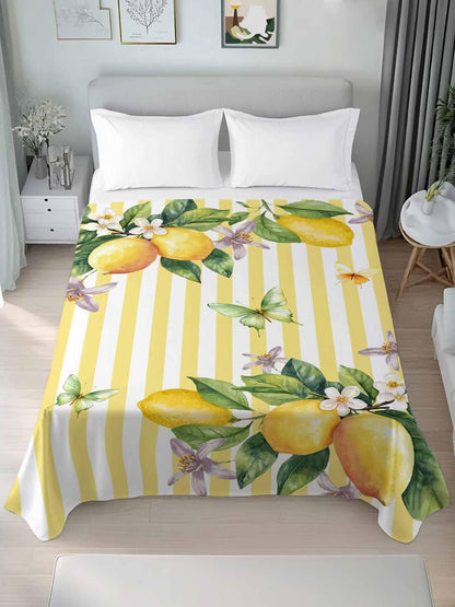 Twin Flat Sheet Only Bed Sheets Lemon Fruits Floral Leaves Microfiber Breathable Bedding Flat Sheet, Yellow Stripes Soft Top Sheets for Bedroom Living Room Sofa