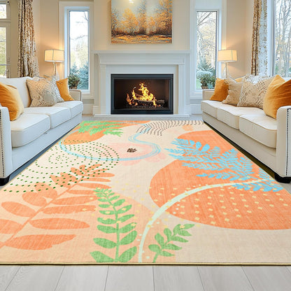 Faux Wool Boho Floral Area Rug 4x6, Modern Yellow Abstract Print Soft Carpet, TPR Non-Slip Backing, Machine Washable Low Pile Rug for Bedroom, Living Room, Kids Room, Playroom, Office