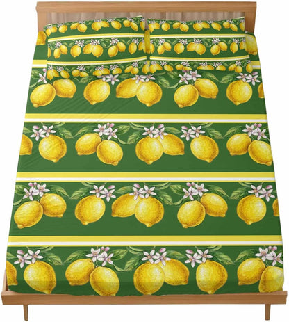 3 Pieces Twin Fitted Sheet Set, Summer Lemons Green Leaves Deep Pocket Up to 16", Yellow Striped Soft Elastic Bed Sheets and Pillow Cases Secure Fit