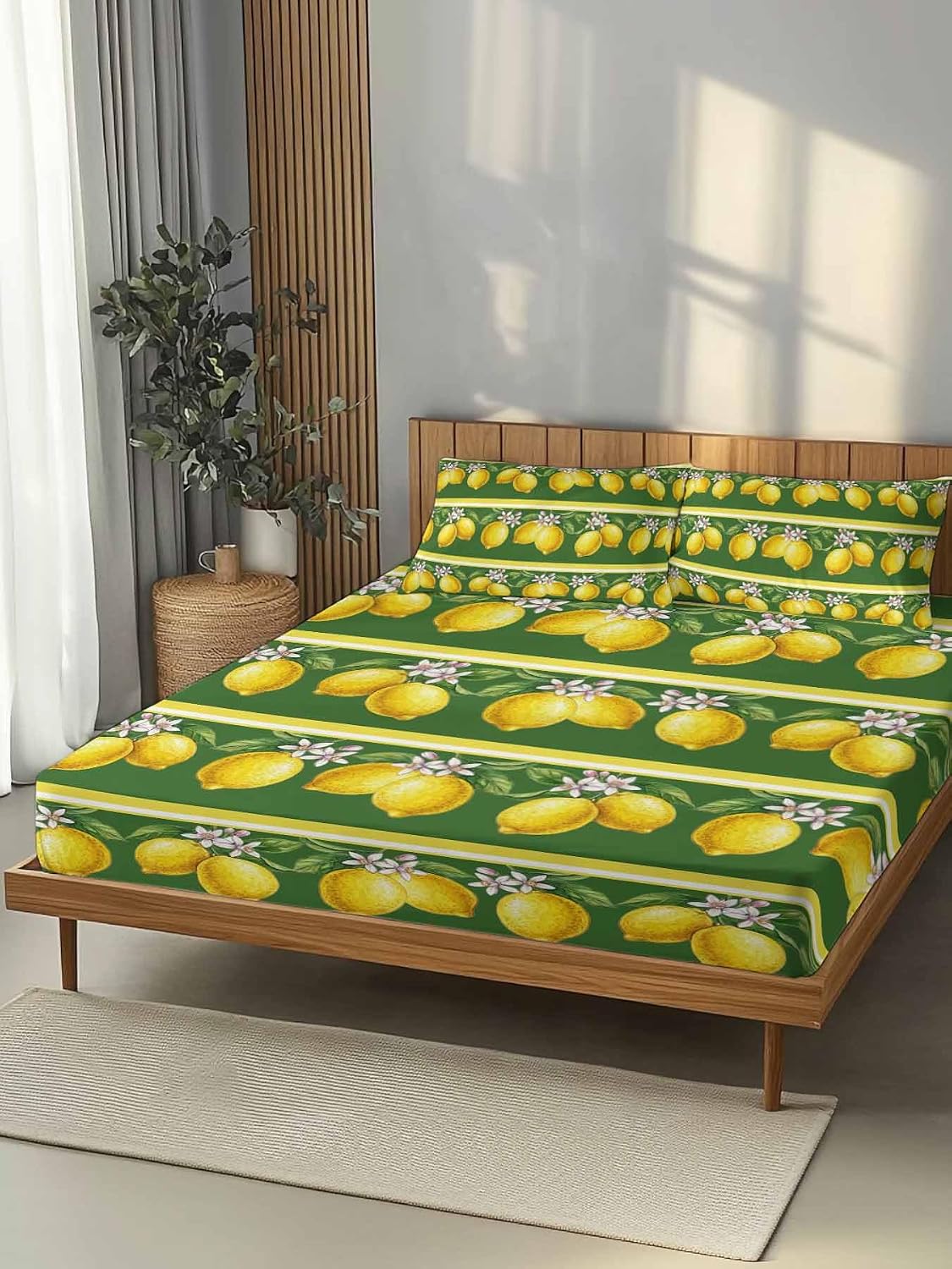 3 Pieces Twin Fitted Sheet Set, Summer Lemons Green Leaves Deep Pocket Up to 16", Yellow Striped Soft Elastic Bed Sheets and Pillow Cases Secure Fit