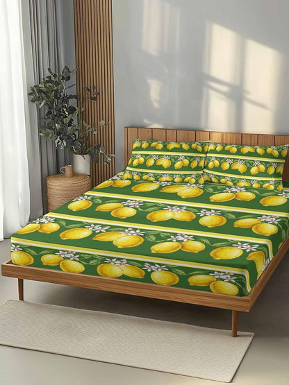 3 Pieces Twin Fitted Sheet Set, Summer Lemons Green Leaves Deep Pocket Up to 16", Yellow Striped Soft Elastic Bed Sheets and Pillow Cases Secure Fit