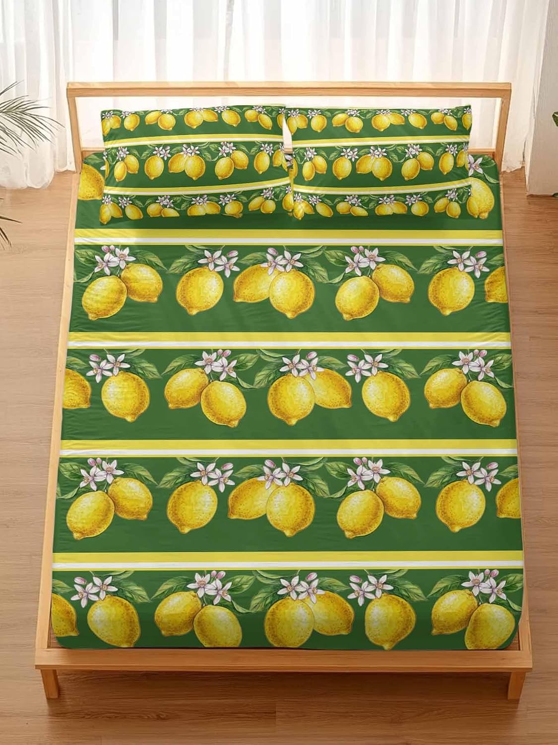 3 Pieces Twin Fitted Sheet Set, Summer Lemons Green Leaves Deep Pocket Up to 16", Yellow Striped Soft Elastic Bed Sheets and Pillow Cases Secure Fit