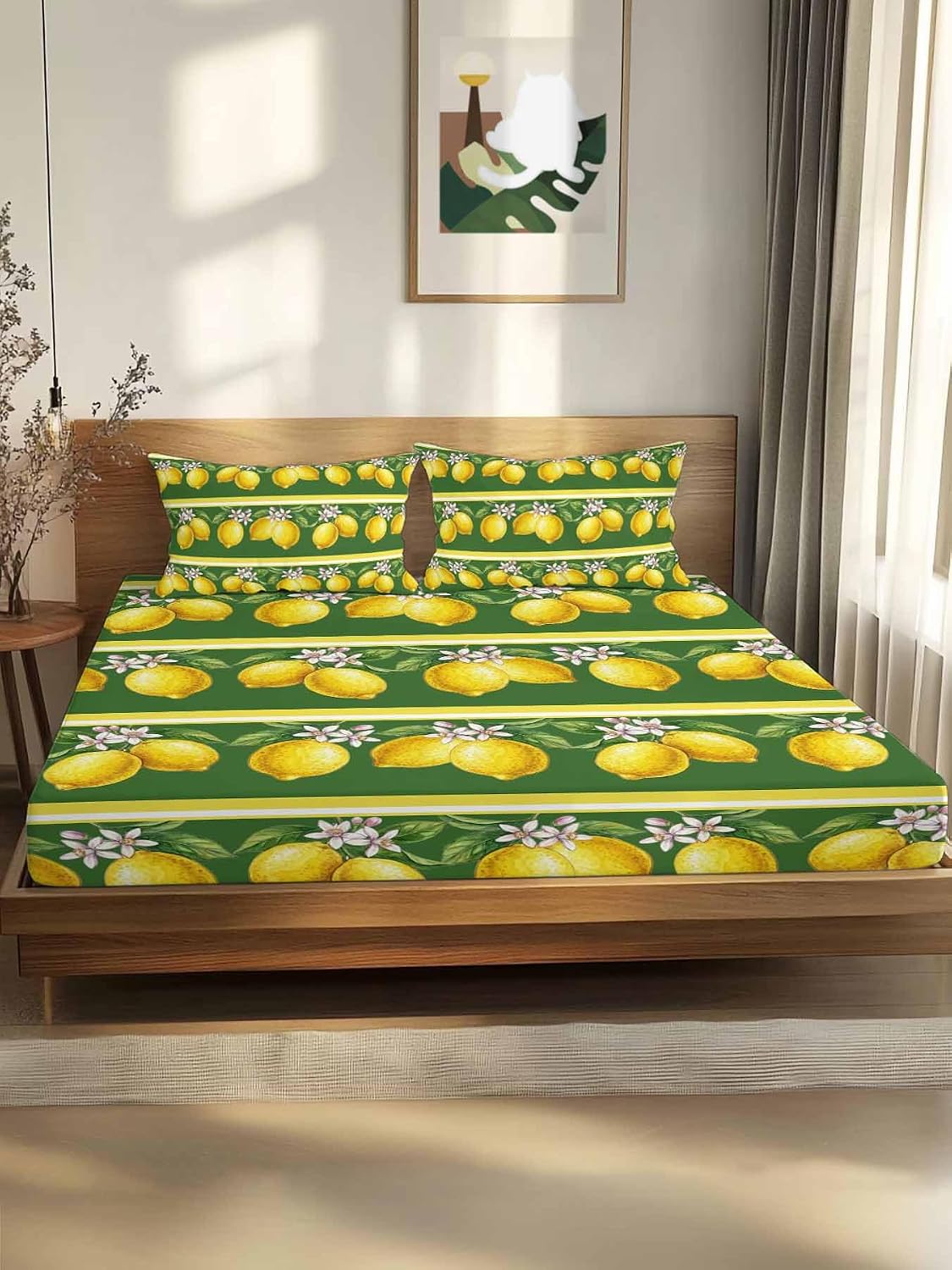 3 Pieces Twin Fitted Sheet Set, Summer Lemons Green Leaves Deep Pocket Up to 16", Yellow Striped Soft Elastic Bed Sheets and Pillow Cases Secure Fit