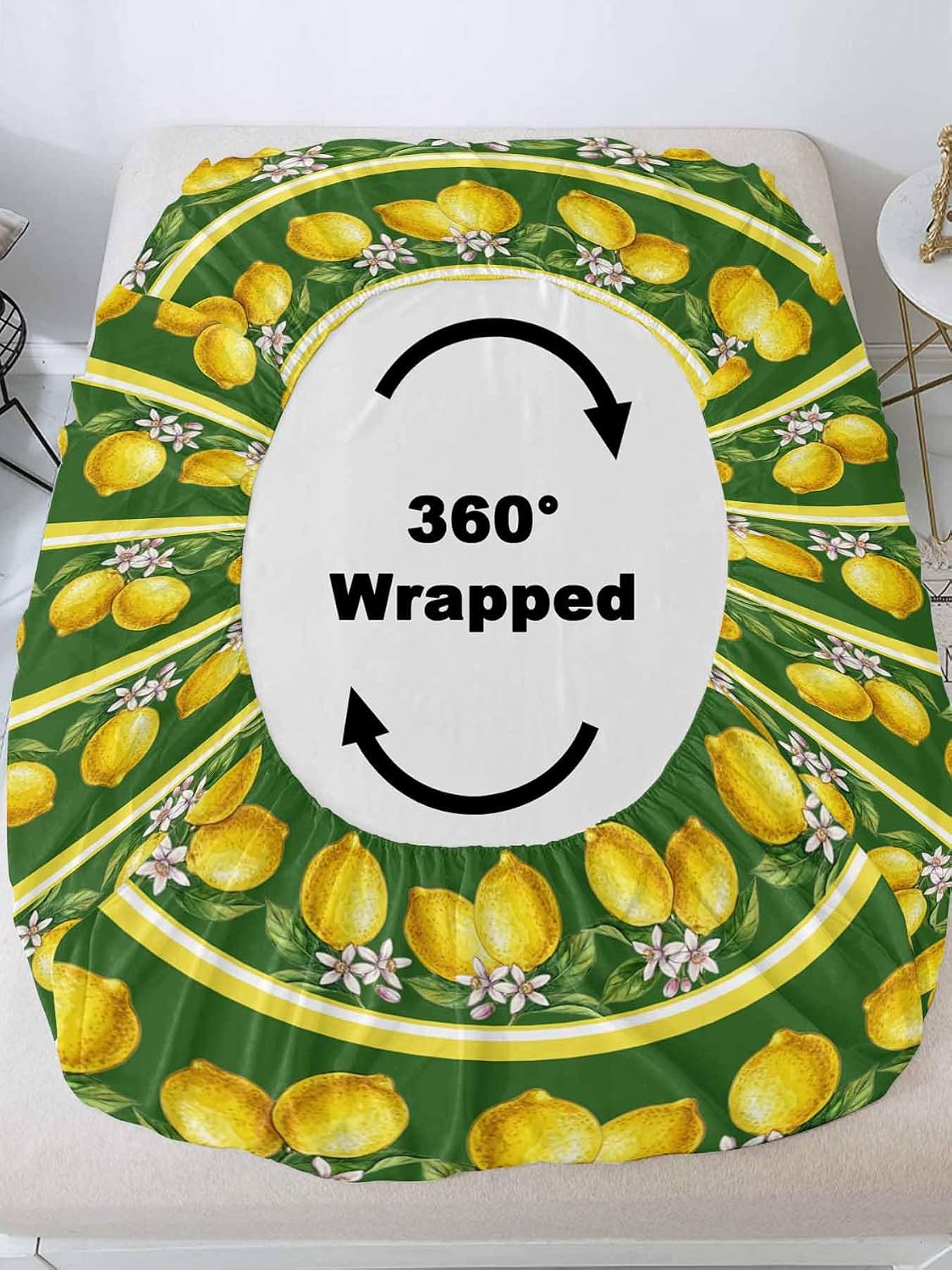3 Pieces Twin Fitted Sheet Set, Summer Lemons Green Leaves Deep Pocket Up to 16", Yellow Striped Soft Elastic Bed Sheets and Pillow Cases Secure Fit