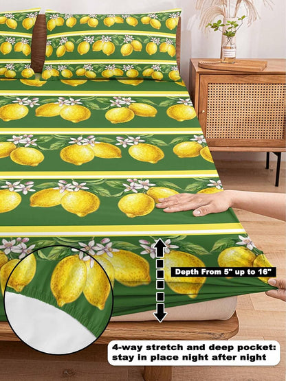 3 Pieces Twin Fitted Sheet Set, Summer Lemons Green Leaves Deep Pocket Up to 16", Yellow Striped Soft Elastic Bed Sheets and Pillow Cases Secure Fit