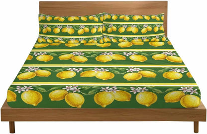 3 Pieces Twin Fitted Sheet Set, Summer Lemons Green Leaves Deep Pocket Up to 16", Yellow Striped Soft Elastic Bed Sheets and Pillow Cases Secure Fit