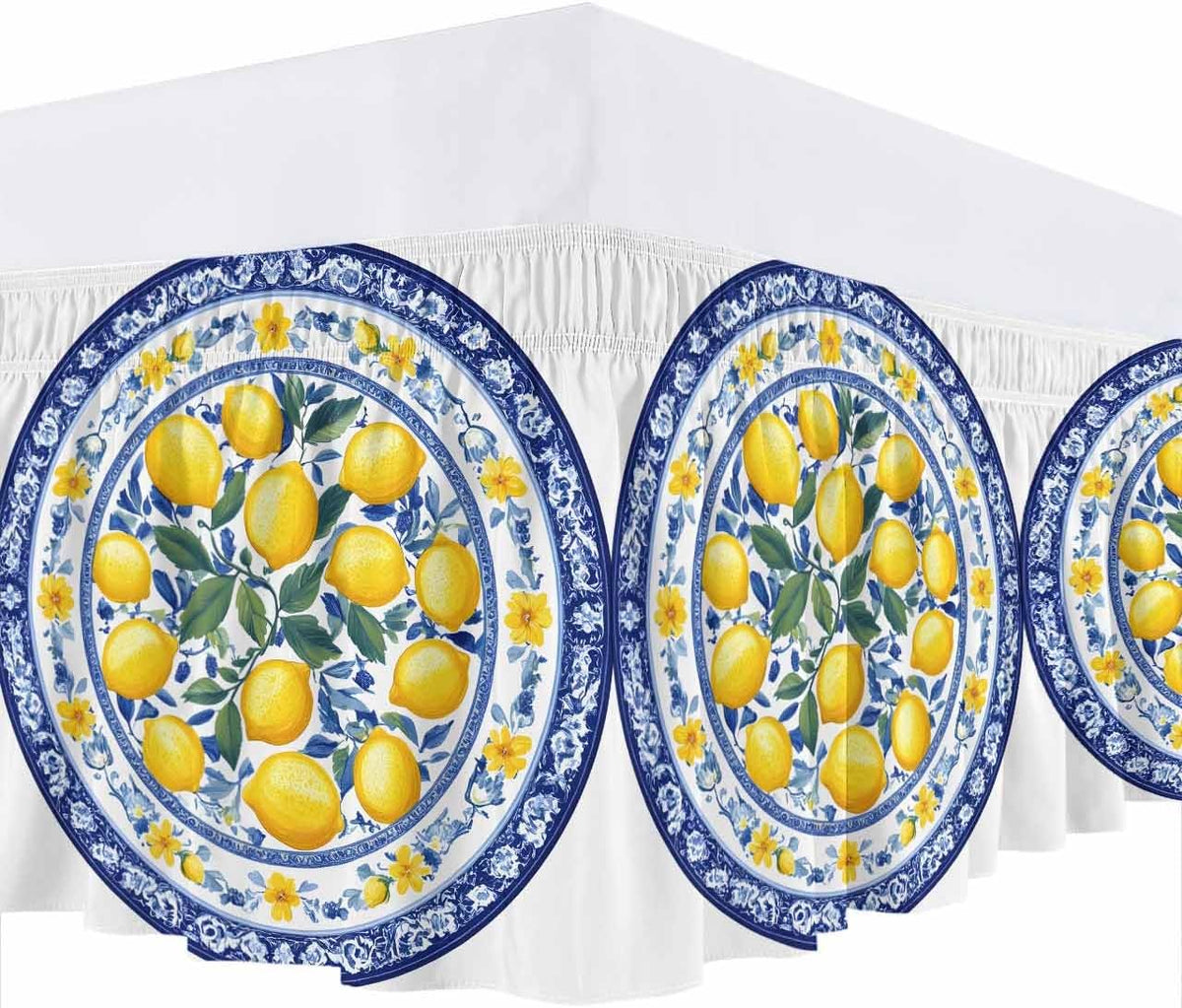 Bed Skirt Yellow Lemons Navy Blue Floral Texture Ruffle Bed Skirt Wrap Around Bed Skirts for Queen Beds 16" Drop,Adjustable Elastic Dust Ruffles Easy Fit and Wrinkle-Free