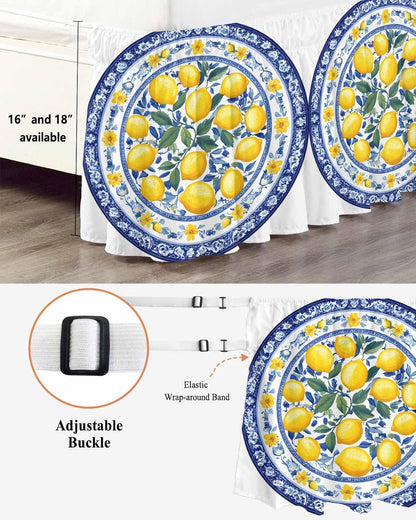 Bed Skirt Yellow Lemons Navy Blue Floral Texture Ruffle Bed Skirt Wrap Around Bed Skirts for Queen Beds 16" Drop,Adjustable Elastic Dust Ruffles Easy Fit and Wrinkle-Free