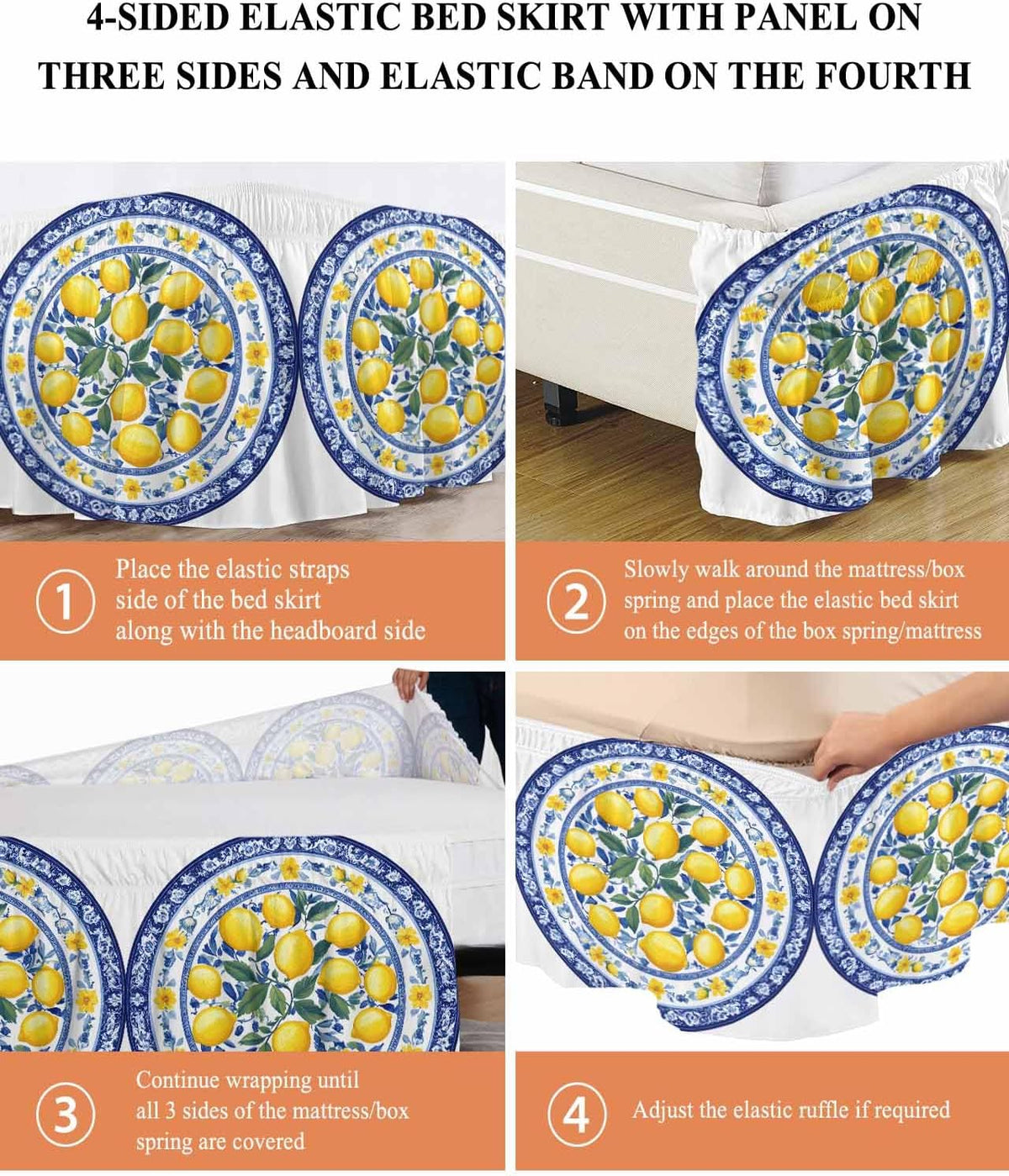 Bed Skirt Yellow Lemons Navy Blue Floral Texture Ruffle Bed Skirt Wrap Around Bed Skirts for Queen Beds 16" Drop,Adjustable Elastic Dust Ruffles Easy Fit and Wrinkle-Free