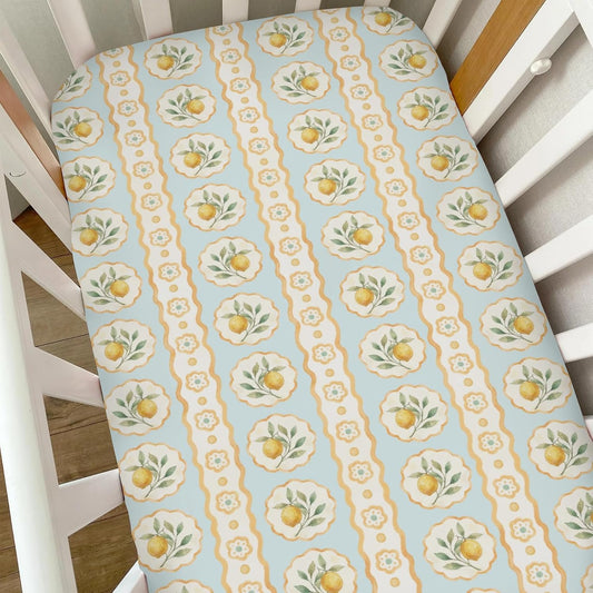 Vintage Yellow Lemon Baby Crib Sheets for Boys Girls Pastel Lemons Flowers Leaves Soft Snug Fitted Crib Mattress Covers for 52''x28'' Standard Crib & Toddler Mattress Summer Fruits Floral Bed Sheets