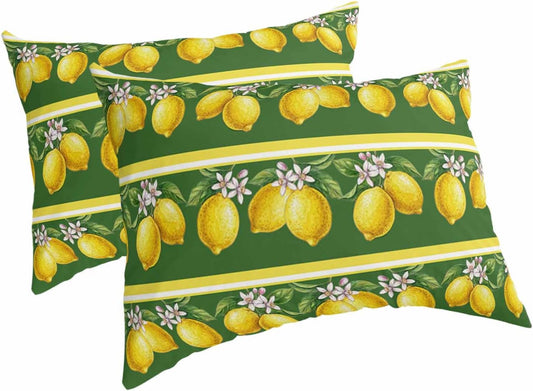 Lemon Summer Pillow Cases Standard Size Set of 2 - Microfiber Bed Throw Pillow Covers, Watercolor Fruits Green Yellow Stripes Decorative Lumbar Pillow Cover with Envelope Closure for Sofa 20"x26"