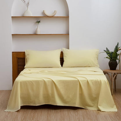 Belgian Linen Sheet Set Solid Color - 4 Pieces (1 Flat Sheet, 1 Fitted Sheet & 2 Pillowcases) Natural Flax Cotton Blend Soft Breathable Farmhouse Bedding - King Size, Pale Yellow