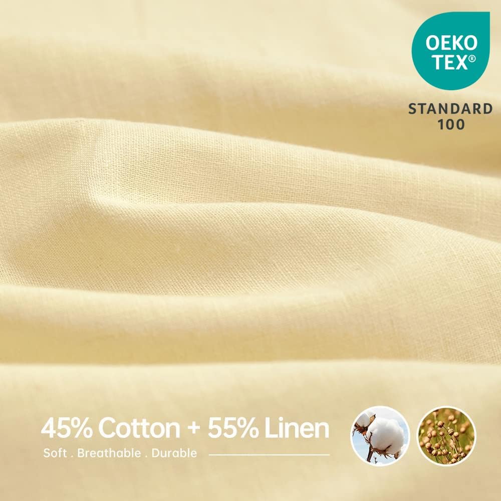 Belgian Linen Sheet Set Solid Color - 4 Pieces (1 Flat Sheet, 1 Fitted Sheet & 2 Pillowcases) Natural Flax Cotton Blend Soft Breathable Farmhouse Bedding - King Size, Pale Yellow