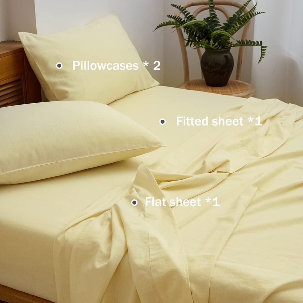 Belgian Linen Sheet Set Solid Color - 4 Pieces (1 Flat Sheet, 1 Fitted Sheet & 2 Pillowcases) Natural Flax Cotton Blend Soft Breathable Farmhouse Bedding - King Size, Pale Yellow