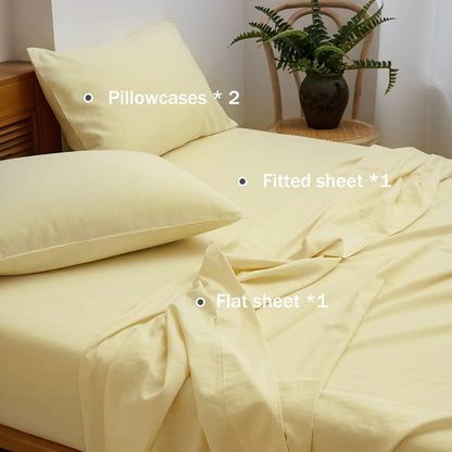 Belgian Linen Sheet Set Solid Color - 4 Pieces (1 Flat Sheet, 1 Fitted Sheet & 2 Pillowcases) Natural Flax Cotton Blend Soft Breathable Farmhouse Bedding - King Size, Pale Yellow