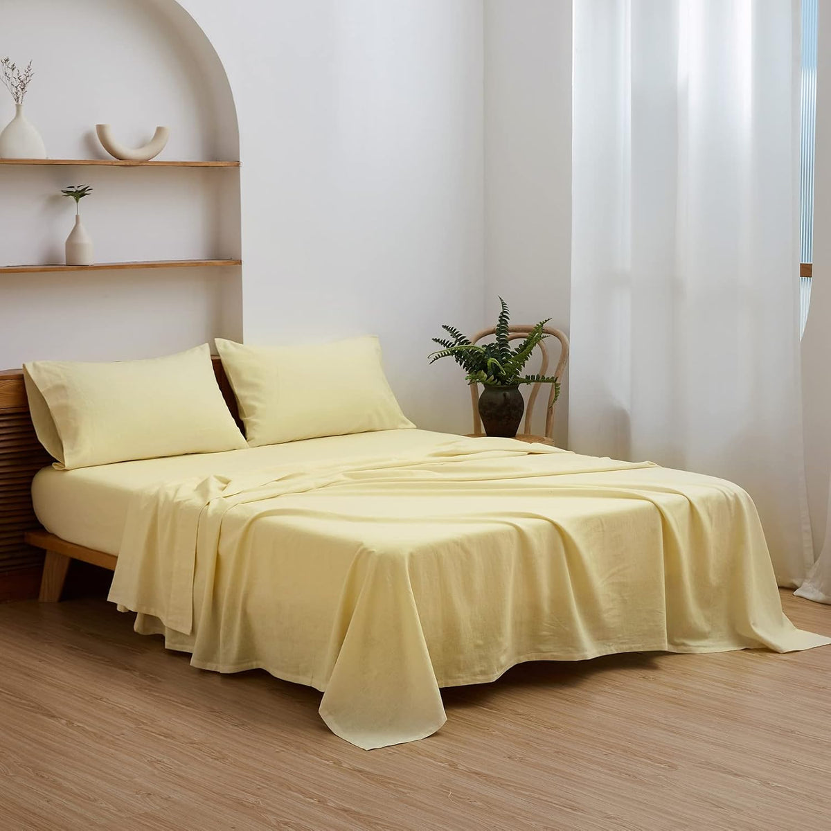 Belgian Linen Sheet Set Solid Color - 4 Pieces (1 Flat Sheet, 1 Fitted Sheet & 2 Pillowcases) Natural Flax Cotton Blend Soft Breathable Farmhouse Bedding - King Size, Pale Yellow