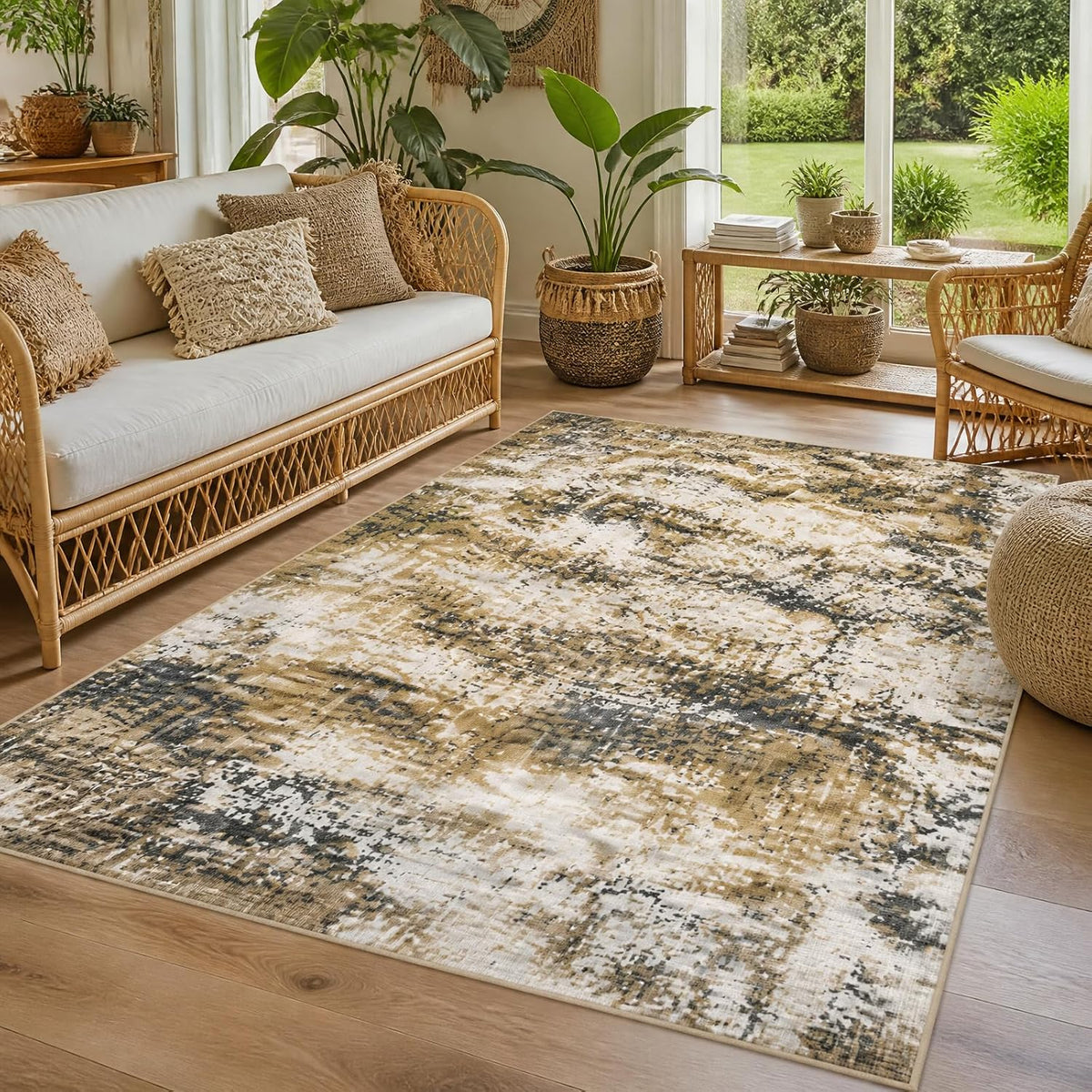 Yellow and Grey Area Rug 5x7, Contemporary Abstract Rugs Washable Non Slip Distressed Modern Carpet for Living Room Bedroom