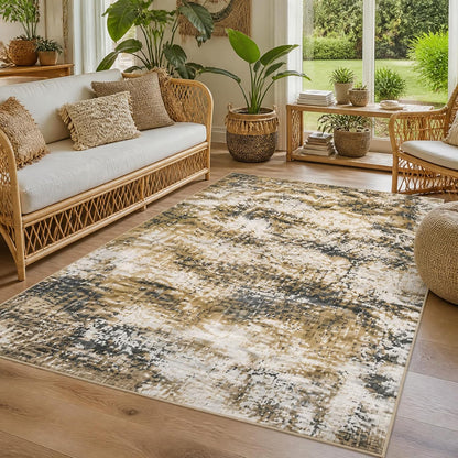 Yellow and Grey Area Rug 5x7, Contemporary Abstract Rugs Washable Non Slip Distressed Modern Carpet for Living Room Bedroom