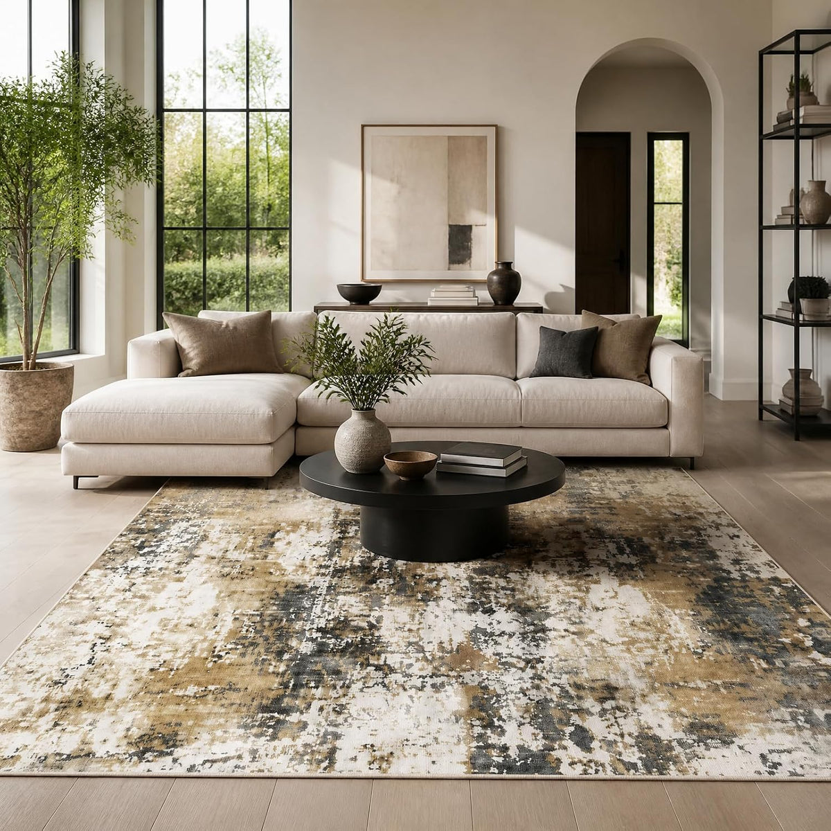 Yellow and Grey Area Rug 5x7, Contemporary Abstract Rugs Washable Non Slip Distressed Modern Carpet for Living Room Bedroom