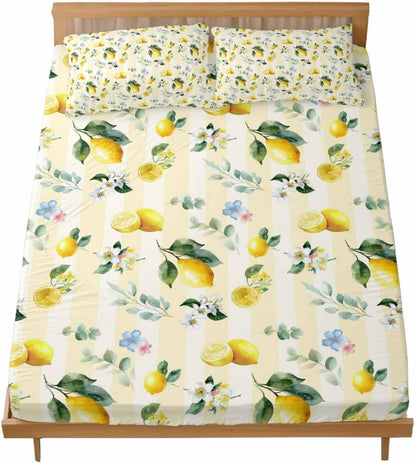 3 Pieces Twin Fitted Sheet Set, Summer Lemon Leaves Flower Deep Pocket Up to 16", Watercolor Yellow Stripes Soft Elastic Bed Sheets and Pillow Cases Secure Fit