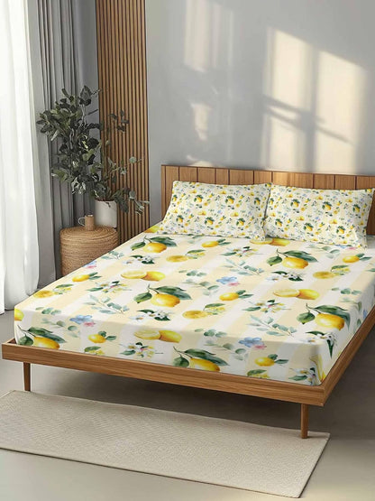 3 Pieces Twin Fitted Sheet Set, Summer Lemon Leaves Flower Deep Pocket Up to 16", Watercolor Yellow Stripes Soft Elastic Bed Sheets and Pillow Cases Secure Fit