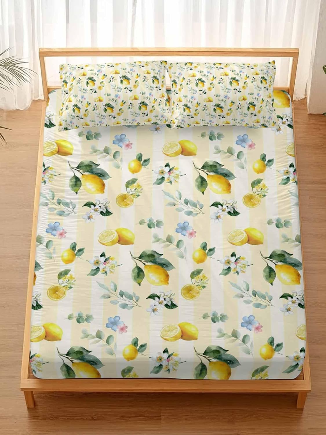 3 Pieces Twin Fitted Sheet Set, Summer Lemon Leaves Flower Deep Pocket Up to 16", Watercolor Yellow Stripes Soft Elastic Bed Sheets and Pillow Cases Secure Fit