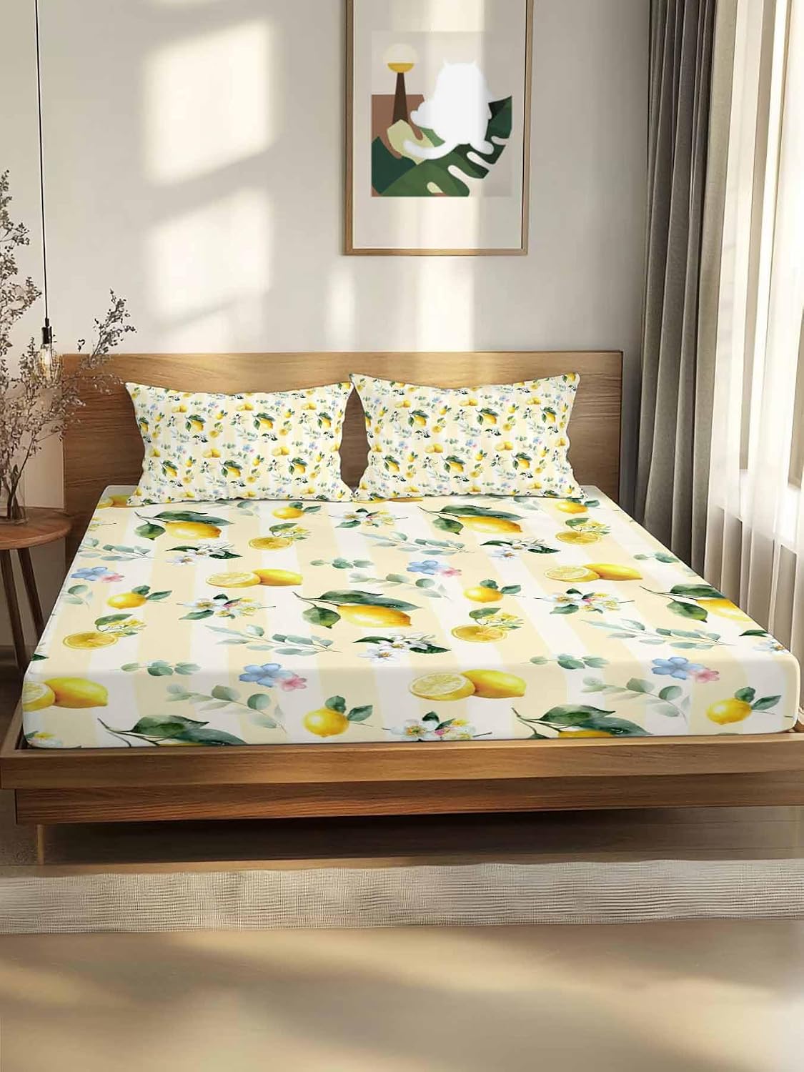 3 Pieces Twin Fitted Sheet Set, Summer Lemon Leaves Flower Deep Pocket Up to 16", Watercolor Yellow Stripes Soft Elastic Bed Sheets and Pillow Cases Secure Fit