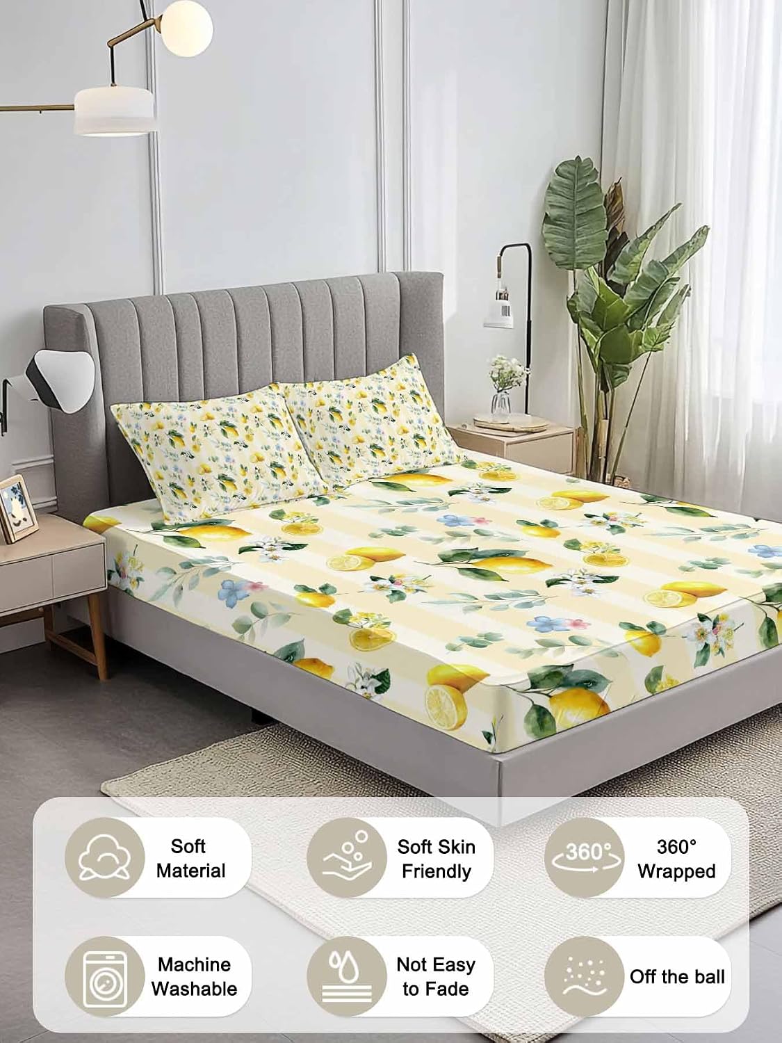 3 Pieces Twin Fitted Sheet Set, Summer Lemon Leaves Flower Deep Pocket Up to 16", Watercolor Yellow Stripes Soft Elastic Bed Sheets and Pillow Cases Secure Fit