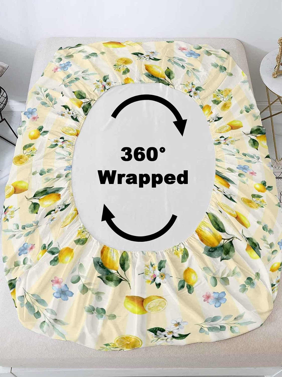 3 Pieces Twin Fitted Sheet Set, Summer Lemon Leaves Flower Deep Pocket Up to 16", Watercolor Yellow Stripes Soft Elastic Bed Sheets and Pillow Cases Secure Fit
