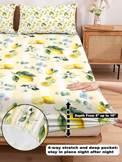 3 Pieces Twin Fitted Sheet Set, Summer Lemon Leaves Flower Deep Pocket Up to 16", Watercolor Yellow Stripes Soft Elastic Bed Sheets and Pillow Cases Secure Fit