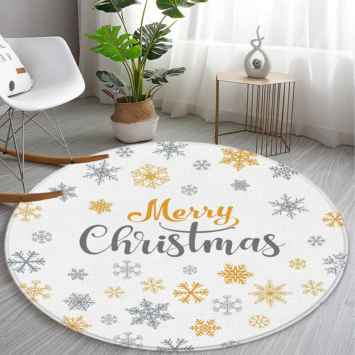 Winter Snowflake Round Area Rug Yellow Gray Snowflake Merry Christmas Happy Holiday for Entryway Living Room Bedroom Home Decor 2ft