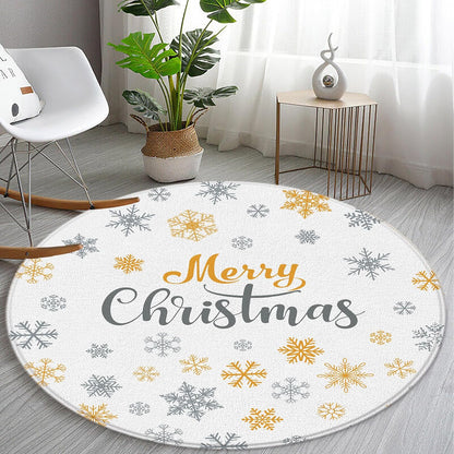 Winter Snowflake Round Area Rug Yellow Gray Snowflake Merry Christmas Happy Holiday for Entryway Living Room Bedroom Home Decor 2ft