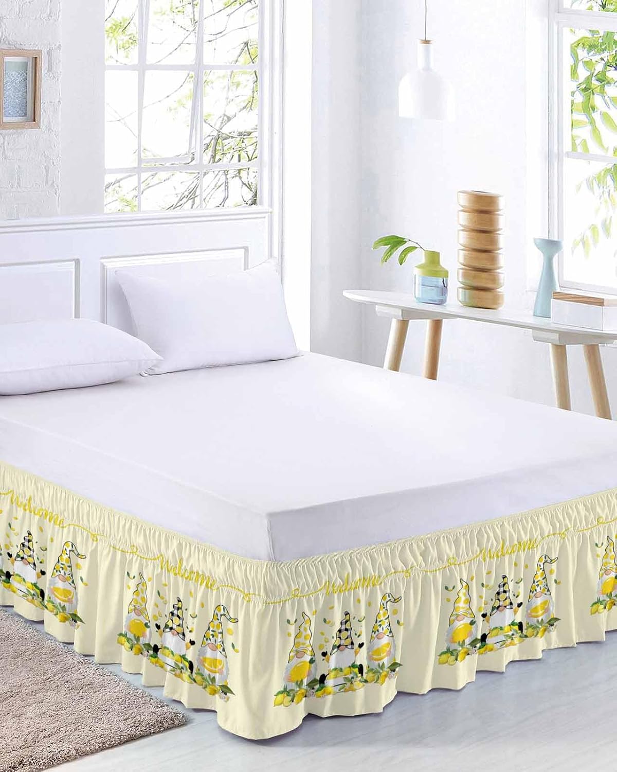 Lemon Gnomes Bed Skirt Queen Size 16 Inch Drop, Adjustable Elastic Wrap Around Bed Skirts Easy Fitting Dust Ruffle Bedskirt Bed Frame Cover Yellow Summer Botanical Fruit Leaves