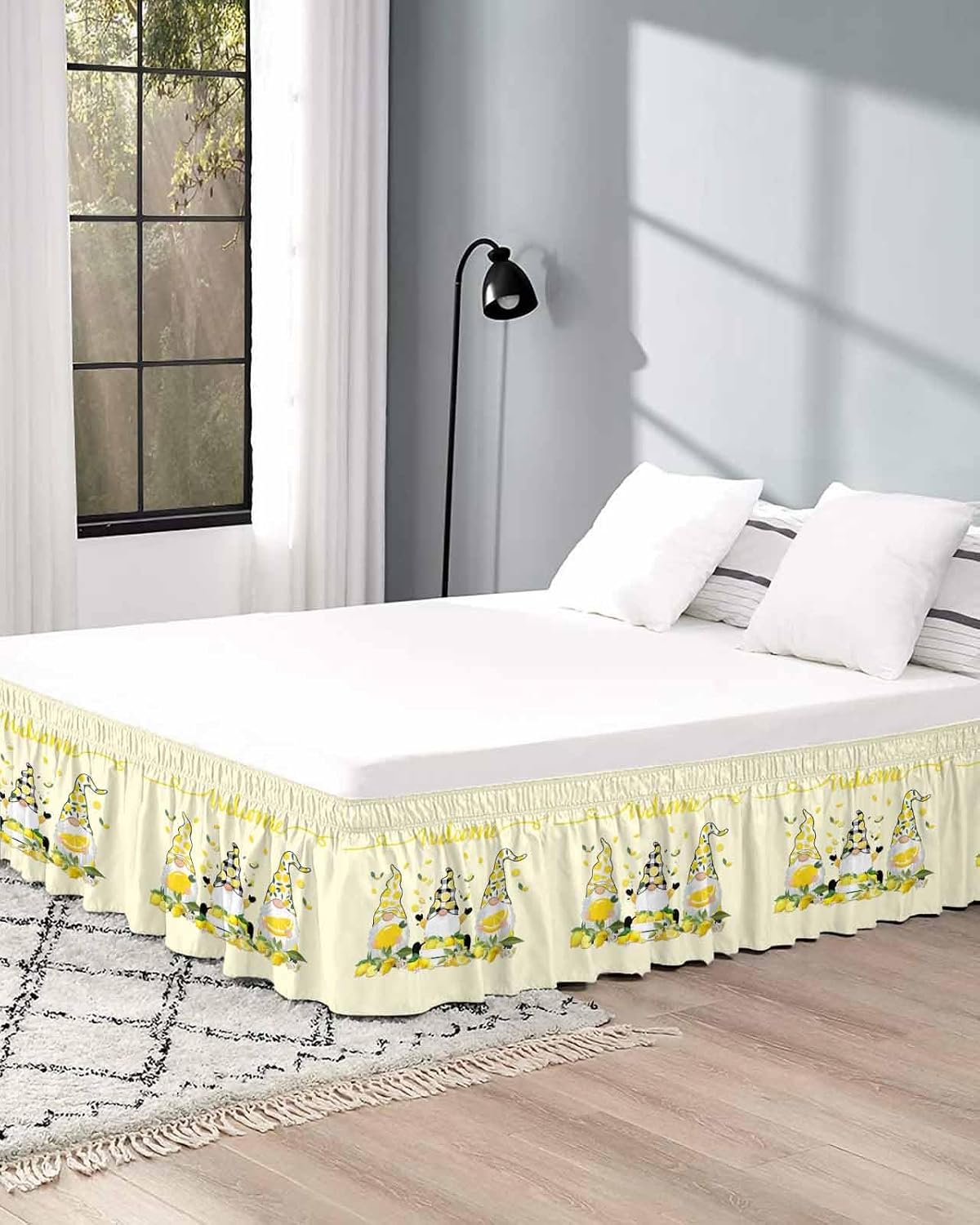 Lemon Gnomes Bed Skirt Queen Size 16 Inch Drop, Adjustable Elastic Wrap Around Bed Skirts Easy Fitting Dust Ruffle Bedskirt Bed Frame Cover Yellow Summer Botanical Fruit Leaves