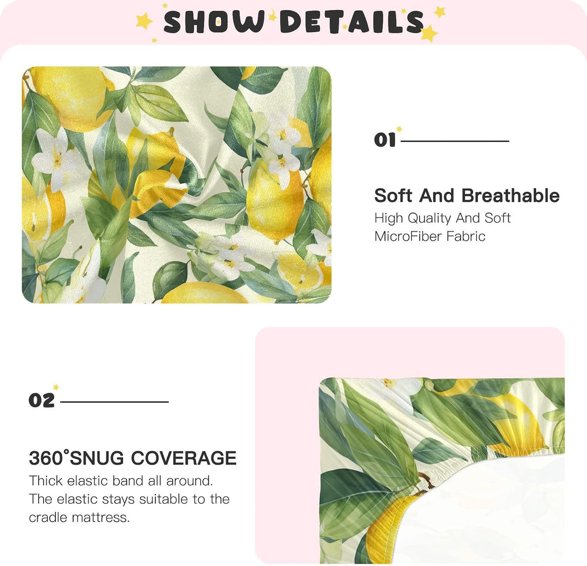 Floral Lemons Flowers Yellow Fitted Crib Sheets for Pack and Play Playard Sheet for Daycare with Soft and Breathable Material Baby Bed Sheets for Baby Boys Girls (52" x 28")