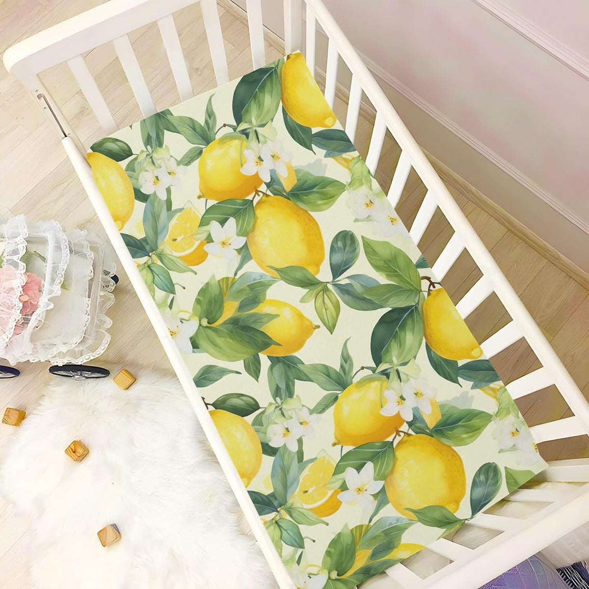 Floral Lemons Flowers Yellow Fitted Crib Sheets for Pack and Play Playard Sheet for Daycare with Soft and Breathable Material Baby Bed Sheets for Baby Boys Girls (52" x 28")