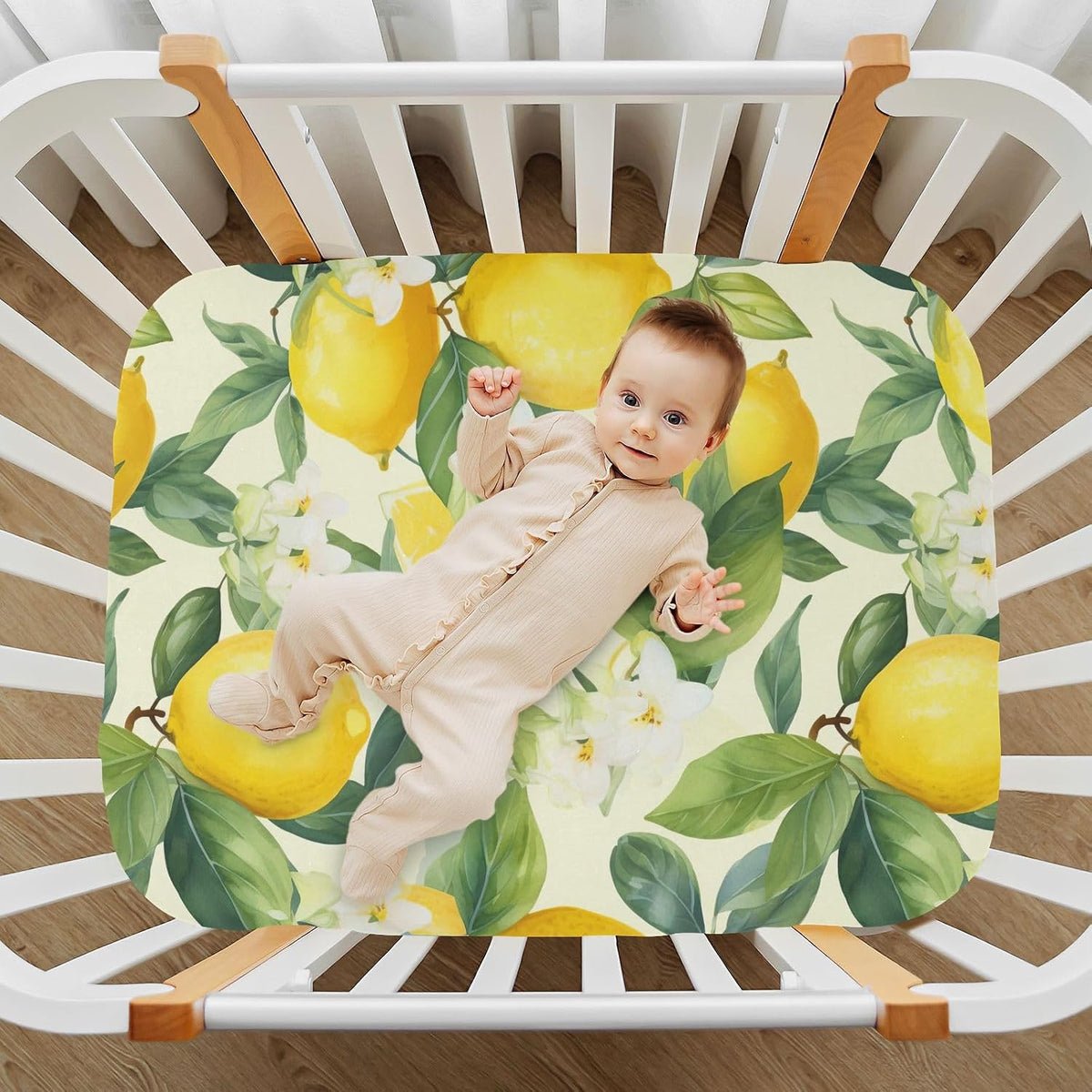 Floral Lemons Flowers Yellow Fitted Crib Sheets for Pack and Play Playard Sheet for Daycare with Soft and Breathable Material Baby Bed Sheets for Baby Boys Girls (52" x 28")